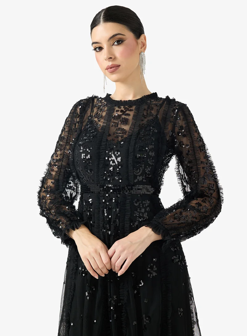 Namshi x  Embellished Evening Dress With Sheer Sleeves for Women | Best Price UAE